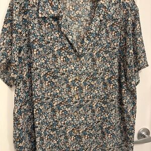 SHEIN Teal Blue and Cream Floral Button-Front Blouse